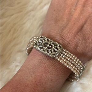 Cream and Silver Multi-Strand Bracelet with Intricate Design costume jewelry